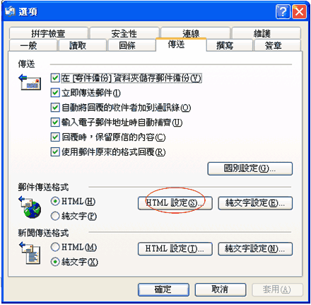 (2) 选择「传送」的活页标签，在邮件传送格式中，选择「HTML设定」