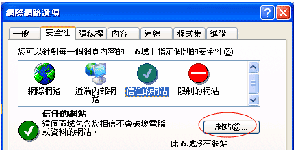 (3) 请点选「信任的网站」，再点选「网站」